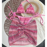 3-Piece Knit Bikini with Skirt - Push-Up Swimsuit Beachwear